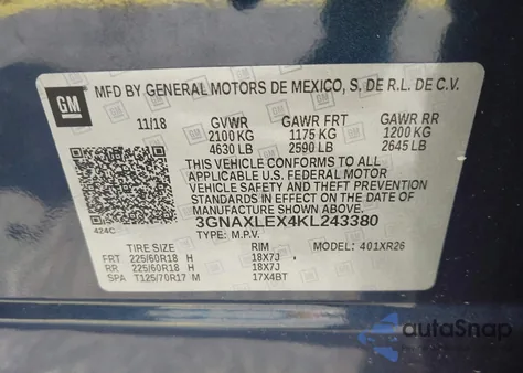 2019 Chevrolet Equinox Lt z USA, uszkodzony, nr VIN 3GNAXLEX4KL243380